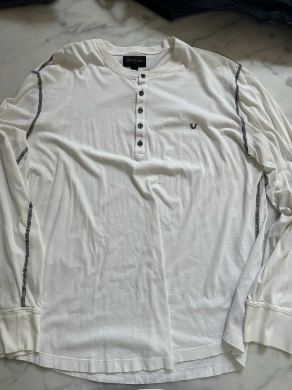 True Religion Men's White Long Sleeve Henley with Contrast Stitch